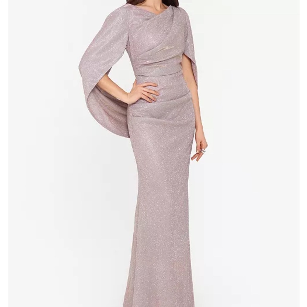 Betsy & Adam Glitter Drape-Back Cape Gown Size 6 Blush